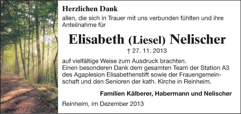  Traueranzeige für Elisabeth Nelischer vom 21.12.2013 aus Echo-Zeitungen (Gesamtausgabe)