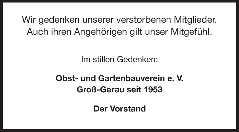  Traueranzeige für Verstorbene Mitglieder  vom 21.12.2013 aus Rüsselsheimer Echo, Groß-Gerauer-Echo, Ried Echo