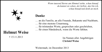 Traueranzeige von Helmut Weise von Echo-Zeitungen (Gesamtausgabe)