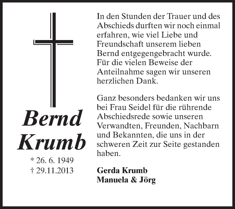  Traueranzeige für Bernd Krumb vom 21.12.2013 aus Rüsselsheimer Echo, Groß-Gerauer-Echo, Ried Echo