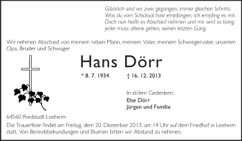 Traueranzeige von Hans Dörr von Rüsselsheimer Echo, Groß-Gerauer-Echo, Ried Echo