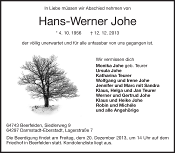 Traueranzeige von Hans-Werner Johe von Echo-Zeitungen (Gesamtausgabe)