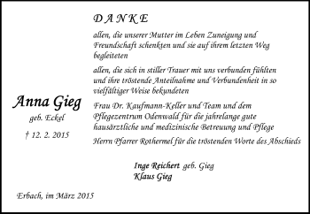 Traueranzeige von Anna Gieg von Odenwälder Echo