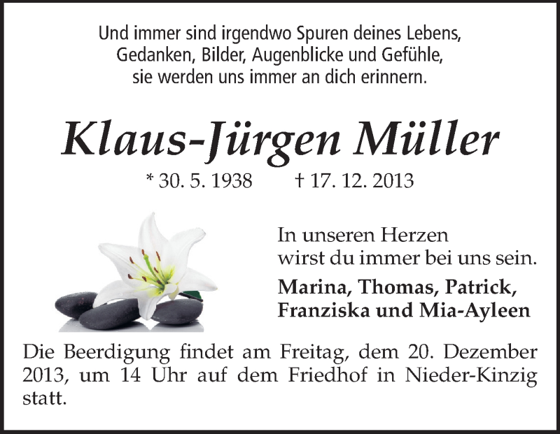  Traueranzeige für Klaus Jürgen Müller vom 18.12.2013 aus Odenwälder Echo