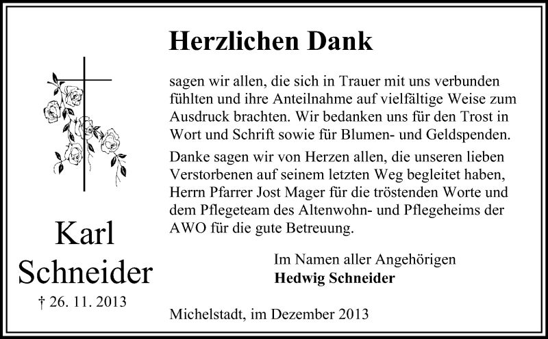  Traueranzeige für Karl Schneider vom 20.12.2013 aus Odenwälder Echo