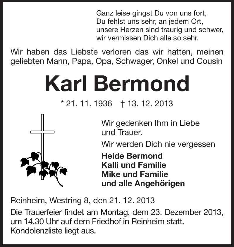  Traueranzeige für Karl Bermond vom 21.12.2013 aus Echo-Zeitungen (Gesamtausgabe)