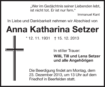 Traueranzeige von Anna Katharina Setzer von Odenwälder Echo