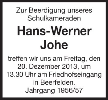 Traueranzeige von Hans-Werner Johe von Odenwälder Echo