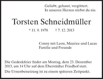 Traueranzeige von Torsten Schneidmüller von Echo-Zeitungen (Gesamtausgabe)