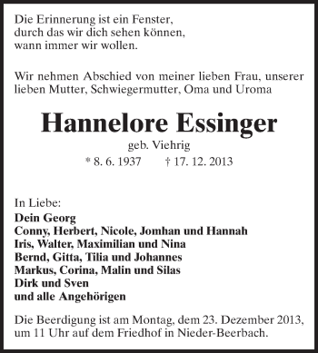 Traueranzeige von Hannelore Essinger von Darmstädter Echo, Odenwälder Echo, Rüsselsheimer Echo, Groß-Gerauer-Echo, Ried Echo