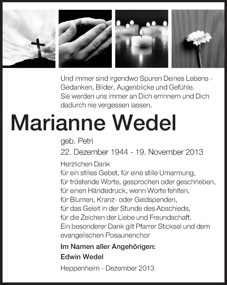  Traueranzeige für Marianne Wedel vom 20.12.2013 aus Starkenburger Echo