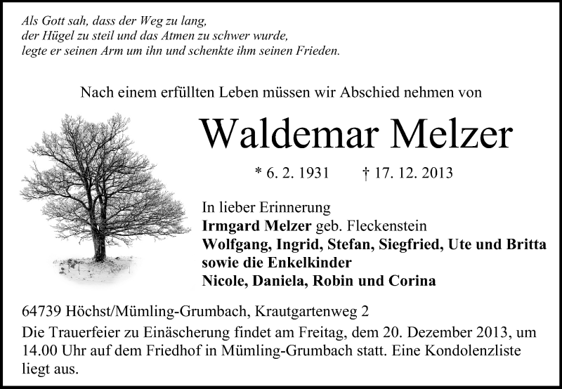  Traueranzeige für Waldemar Melzer vom 19.12.2013 aus Odenwälder Echo