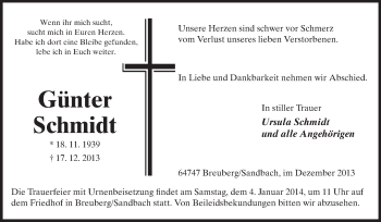 Traueranzeige von Günter Schmidt von Odenwälder Echo