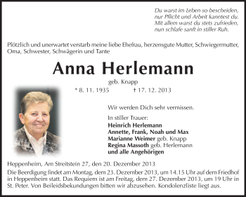Traueranzeige von Anna Herlemann von Starkenburger Echo, Bergsträßer Anzeiger