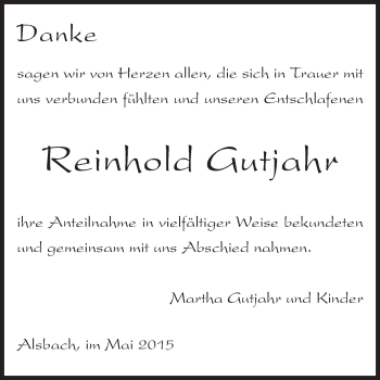 Traueranzeige von Reinhold Gutjahr von Echo-Zeitungen (Gesamtausgabe)