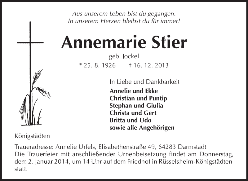  Traueranzeige für Annemarie Stier vom 28.12.2013 aus Echo-Zeitungen (Gesamtausgabe)