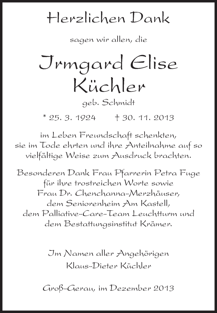  Traueranzeige für Irmgard Elise Küchler vom 21.12.2013 aus Rüsselsheimer Echo, Groß-Gerauer-Echo, Ried Echo