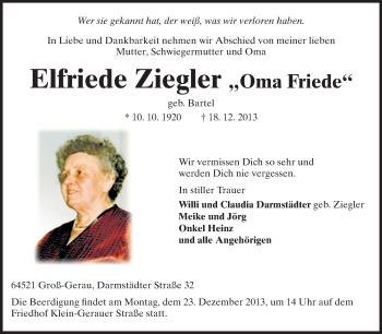 Traueranzeige von Elfriede Ziegler von Rüsselsheimer Echo, Groß-Gerauer-Echo, Ried Echo