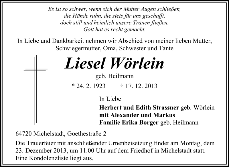  Traueranzeige für Liesel Wörlein vom 20.12.2013 aus Odenwälder Echo