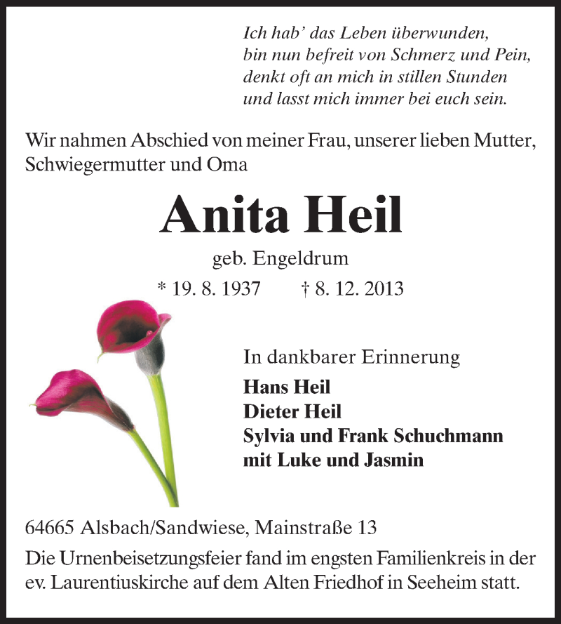  Traueranzeige für Anita Heil vom 21.12.2013 aus Echo-Zeitungen (Gesamtausgabe)