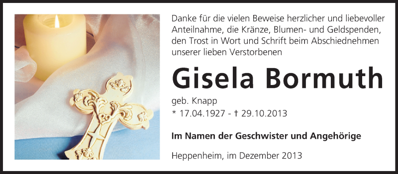  Traueranzeige für Gisela Bormuth vom 20.12.2013 aus Starkenburger Echo