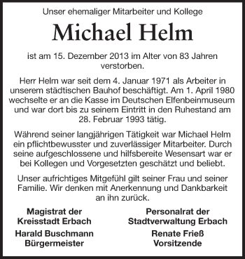 Traueranzeige von Michael Helm von Odenwälder Echo