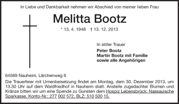 Traueranzeige von Melitta Bootz von Rüsselsheimer Echo, Groß-Gerauer-Echo, Ried Echo