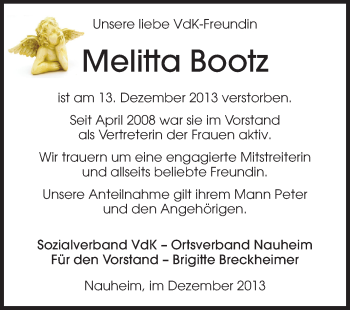 Traueranzeige von Melitta Bootz von Rüsselsheimer Echo, Groß-Gerauer-Echo, Ried Echo