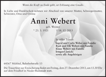 Traueranzeige von Anni Webert von Echo-Zeitungen (Gesamtausgabe)