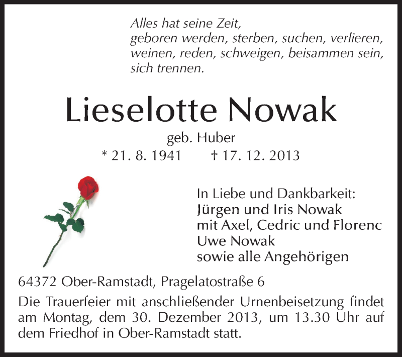  Traueranzeige für Lieselotte Nowak vom 21.12.2013 aus Darmstädter Echo, Odenwälder Echo, Rüsselsheimer Echo, Groß-Gerauer-Echo, Ried Echo