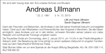 Traueranzeige von Andreas Ullmann von Echo-Zeitungen (Gesamtausgabe)
