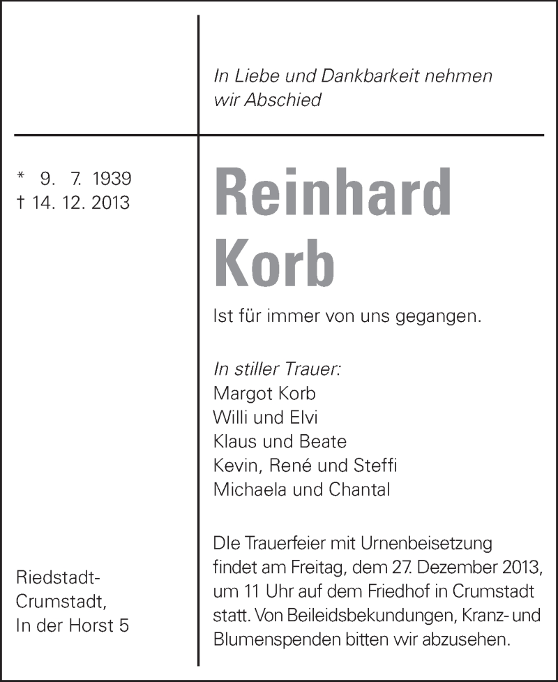  Traueranzeige für Reinhard Korb vom 21.12.2013 aus Rüsselsheimer Echo, Groß-Gerauer-Echo, Ried Echo