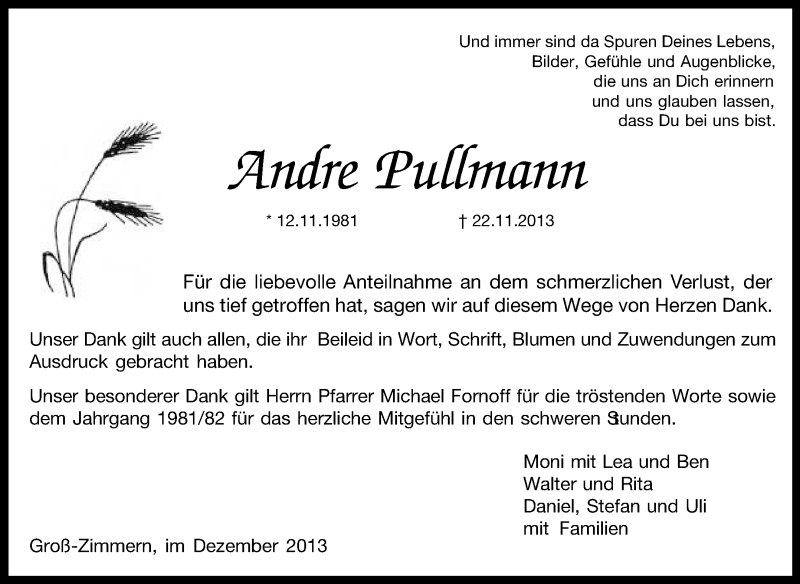  Traueranzeige für Andre Pullmann vom 21.12.2013 aus Echo-Zeitungen (Gesamtausgabe)