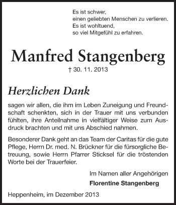 Traueranzeige von Manfred Stangenberg von Starkenburger Echo