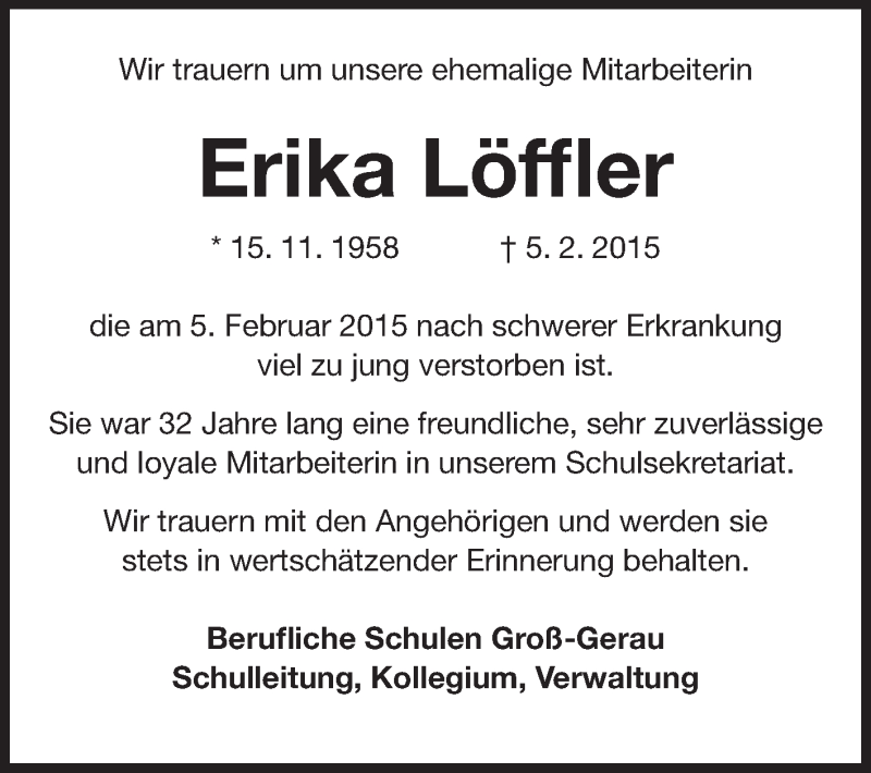  Traueranzeige für Erika Löffler vom 18.02.2015 aus Rüsselsheimer Echo, Groß-Gerauer-Echo, Ried Echo