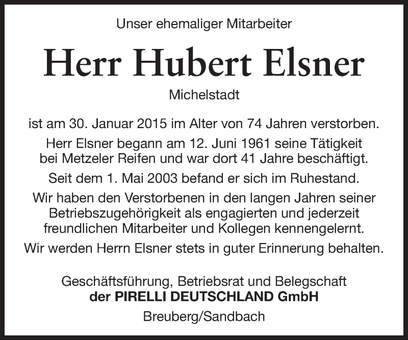  Traueranzeige für Hubert Elsner vom 13.02.2015 aus Odenwälder Echo