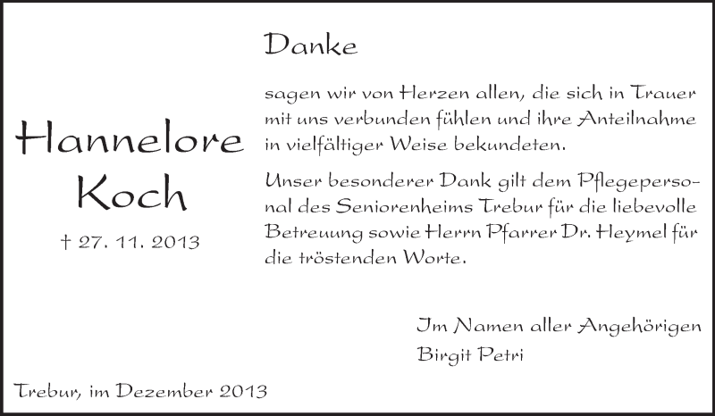  Traueranzeige für Hannelore Koch vom 24.12.2013 aus Rüsselsheimer Echo, Groß-Gerauer-Echo, Ried Echo