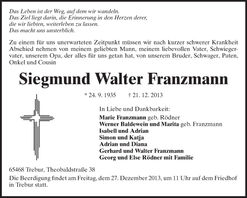  Traueranzeige für Siegmund Walter Franzmann vom 24.12.2013 aus Rüsselsheimer Echo, Groß-Gerauer-Echo, Ried Echo