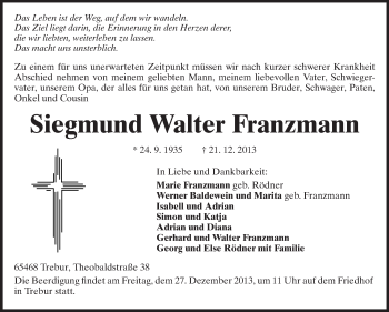 Traueranzeige von Siegmund Walter Franzmann von Rüsselsheimer Echo, Groß-Gerauer-Echo, Ried Echo