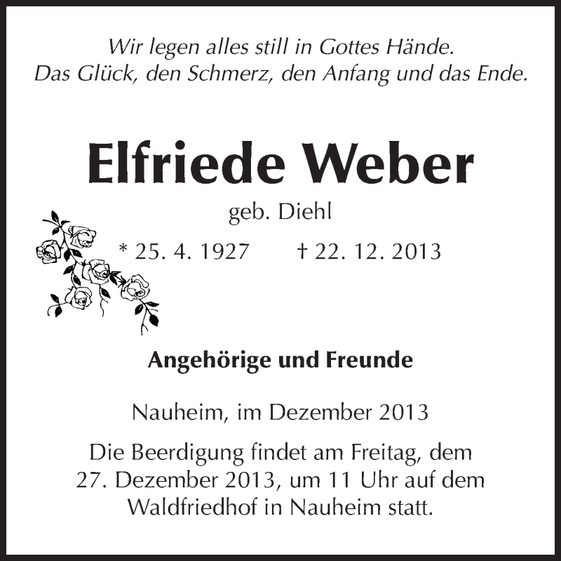  Traueranzeige für Elfriede Weber vom 24.12.2013 aus Rüsselsheimer Echo, Groß-Gerauer-Echo, Ried Echo