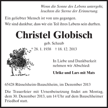 Traueranzeige von Christel Globisch von Rüsselsheimer Echo, Groß-Gerauer-Echo, Ried Echo