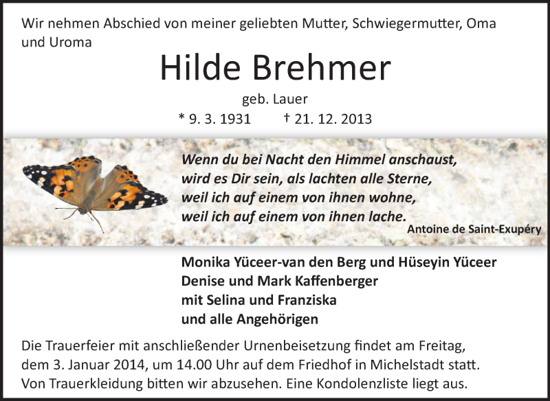  Traueranzeige für Hilde Brehmer vom 28.12.2013 aus Odenwälder Echo
