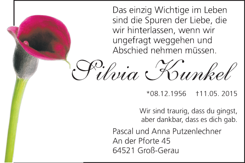  Traueranzeige für Silvia Kunkel vom 16.05.2015 aus Rüsselsheimer Echo, Groß-Gerauer-Echo, Ried Echo
