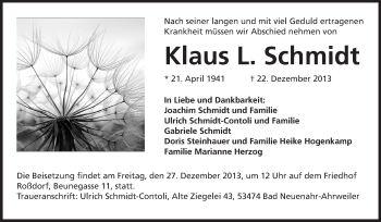 Traueranzeige von Klaus Schmidt von Echo-Zeitungen (Gesamtausgabe)