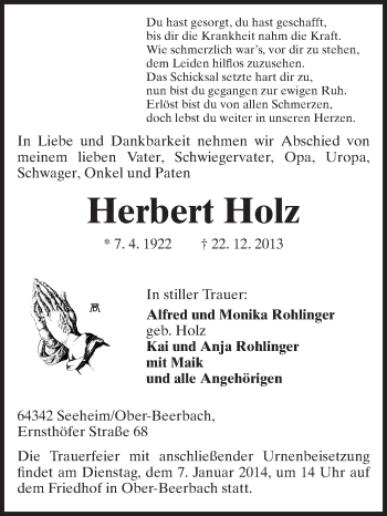 Traueranzeige von Herbert Holz von Echo-Zeitungen (Gesamtausgabe)
