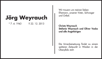 Traueranzeige von Joerg Weyrauch von Echo-Zeitungen (Gesamtausgabe)
