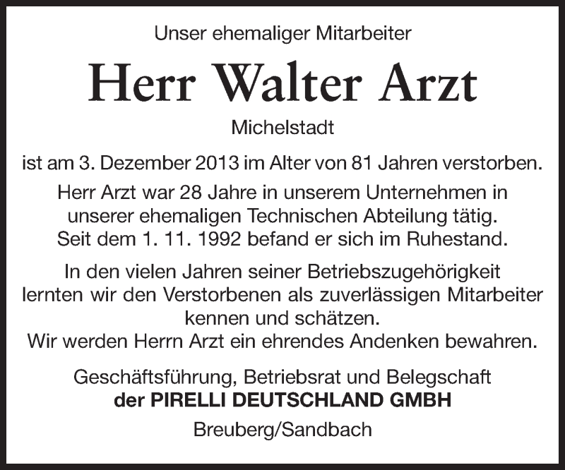  Traueranzeige für Walter Arzt vom 03.01.2014 aus Odenwälder Echo