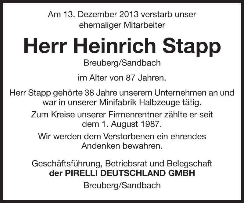  Traueranzeige für Heinrich Stapp vom 04.01.2014 aus Odenwälder Echo