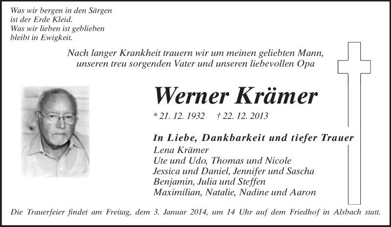  Traueranzeige für Werner Krämer vom 28.12.2013 aus Echo-Zeitungen (Gesamtausgabe)