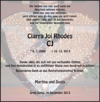 Traueranzeige von Ciarra Joi Rhodes von Rüsselsheimer Echo, Groß-Gerauer-Echo, Ried Echo
